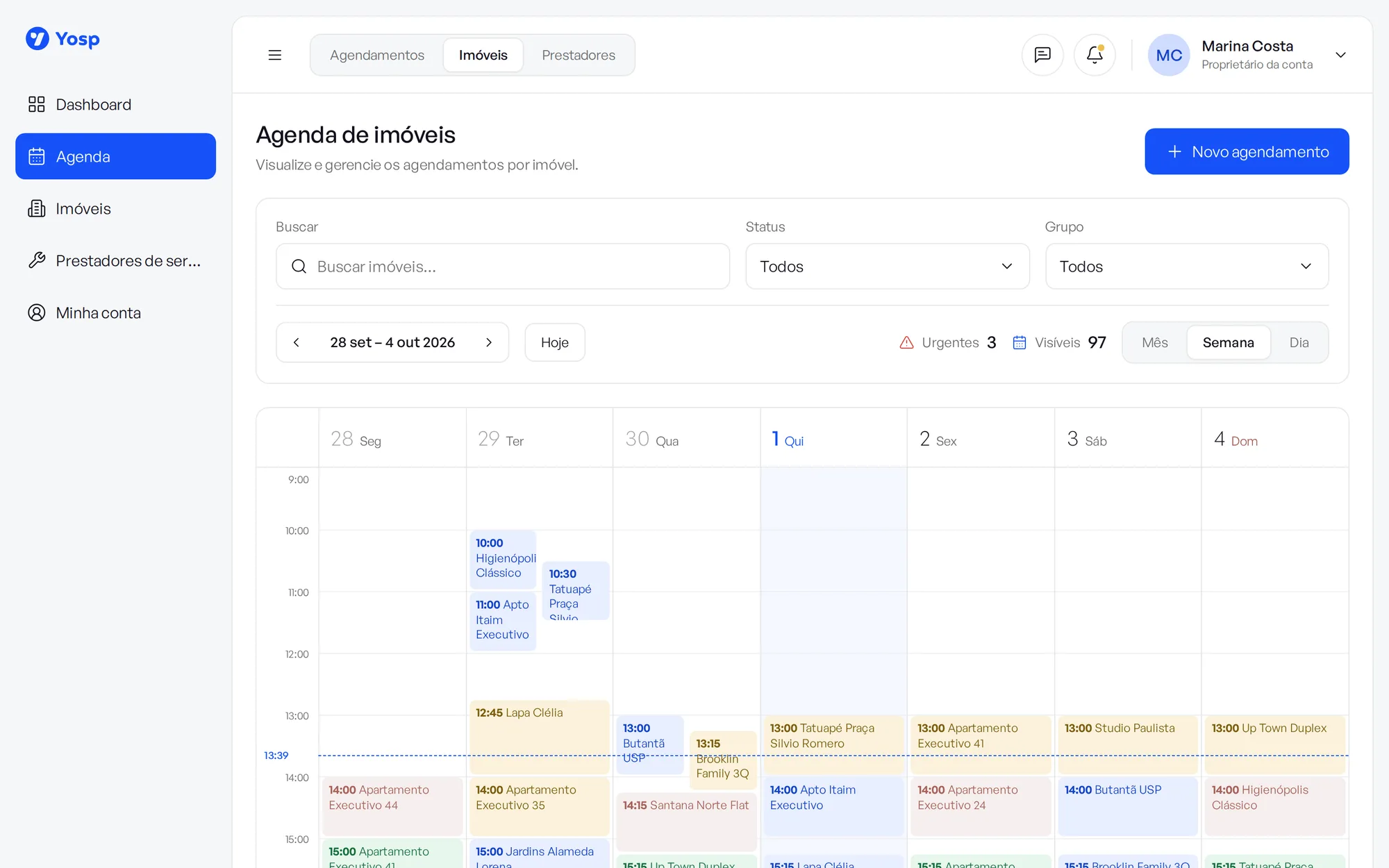Agenda semanal de imóveis na Yosp, com faxinas coloridas por status